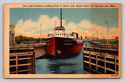 Two Lake Freighters Locking Down Davis Lock Guard Gates Soo Michigan P581