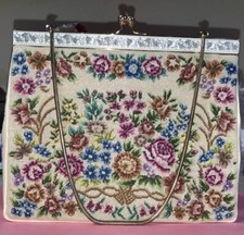 Vintage Petit Point Floral Needle Point Purse Lt Beige Satin Lining Gold Frame