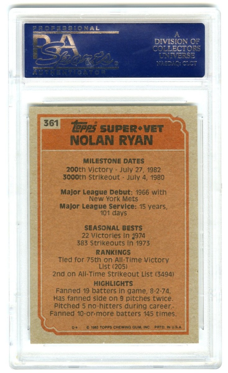 NOLAN RYAN~RARE (POP 93) 1983 TOPPS SUPER VETERAN PSA-10 GEM-MT