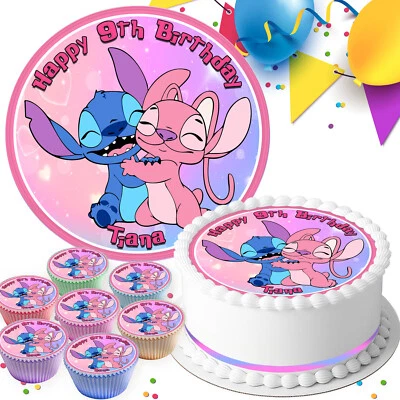STITCH & ANGEL BIRTHDAY PARTY PERSONALISED EDIBLE CAKE & CUPCAKE TOPPER LS3743