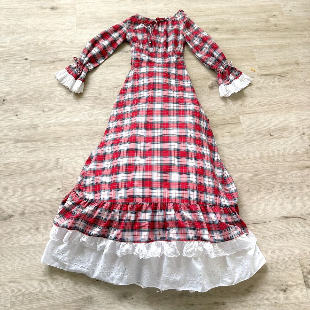 Vintage 70s Prairie Maxi Dress Red White Plaid Petticoat Slip Tulle Retro XS