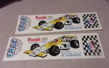 Lot of (2) Vtg Unused Frostie Root Beer Soda Racing Team Bumper Stickers '70s 8"