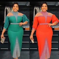 African Rhinestone Women Maxi Dress Bodycon Kaftan Wedding Evening Party Gown
