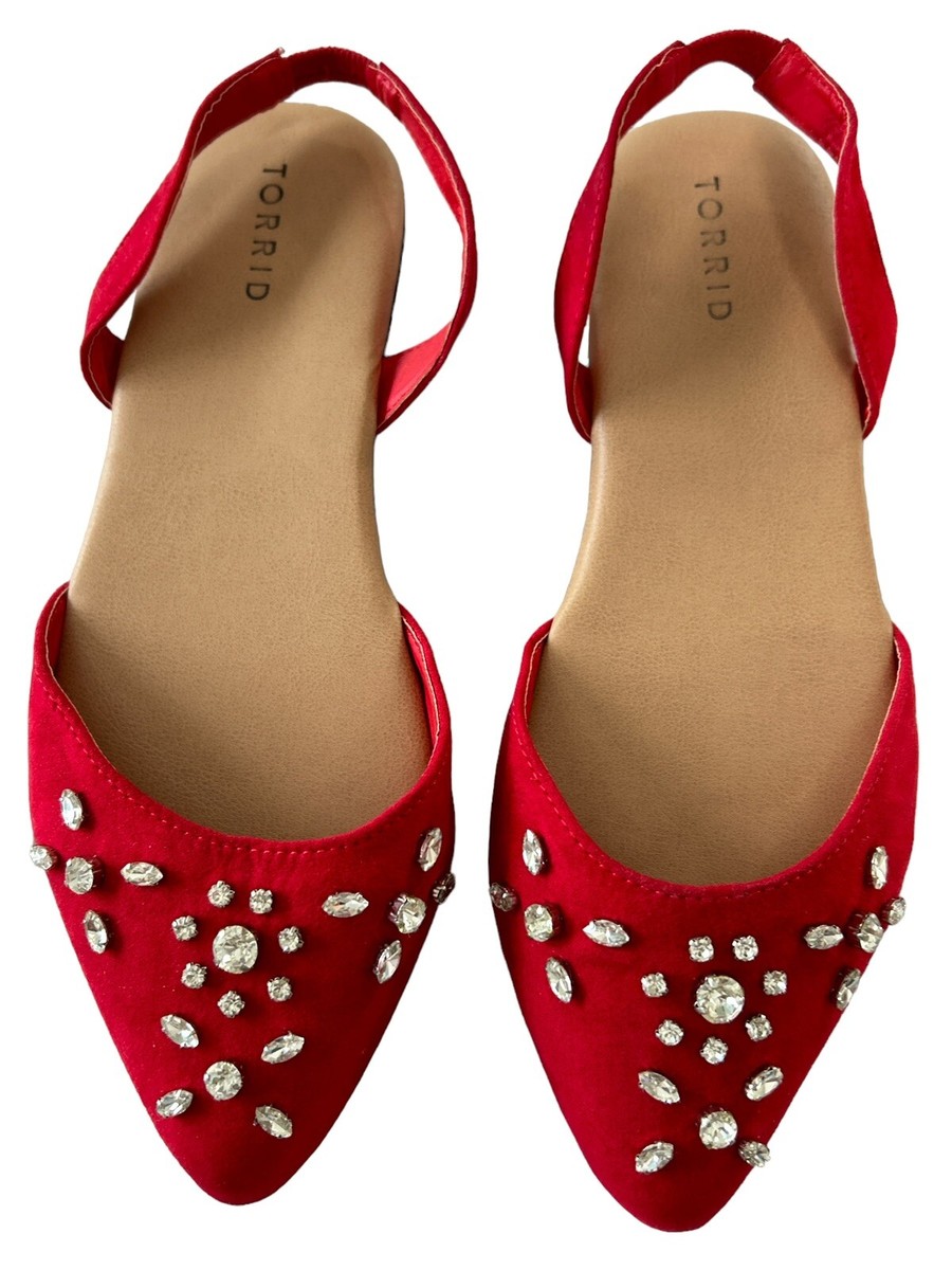 NEW Torrid Red Faux Suede Embellished Slingback Flats Shoes, Womens W
