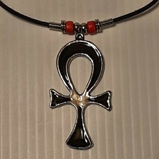 BLACK ANKH KEY OF LIFE Pewter Pendant Charm / ROPE NECKLACE WITH COLOR BEADS