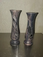 TWO Vintage Etched Handpainted Bud Vase With Lizard & Floral Motif