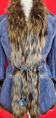 Roberto Cavalli Navy Blue Shearling Leather Fox Fur Jacket Size 38