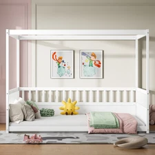 Full Size Canopy Bed Frame with Guardrails for Kids, with Four Poster Design