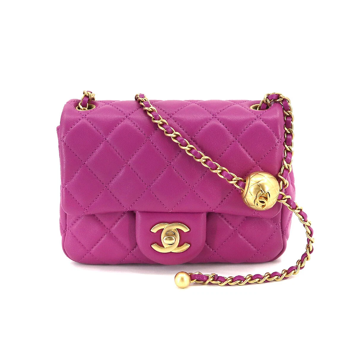 Chanel Pearl Samba Resin Chain Square Flap Bag Quilted Lambskin Mini Pink  2334831