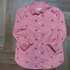 Chicos Womens Shirt Red White Stripe Star Print 0/US 4 Button Down Collared Top