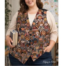 Vintage Tapestry Vest Multicultural Child Print 1X Grandmacore Teacher Retro