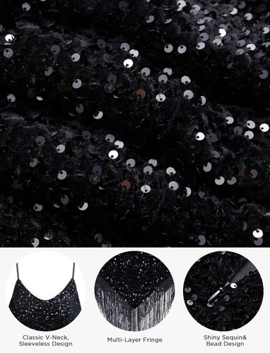 Women's 1920s Black Sequin Flapper Dress Fringed Great Gatsby Dress V Neck Large - Picture 6 of 6