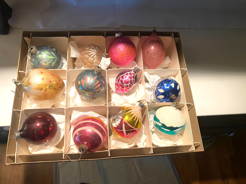 (12) Vintage Glass Ornaments; European & USA Made Mid- Century/ Beautiful Mix