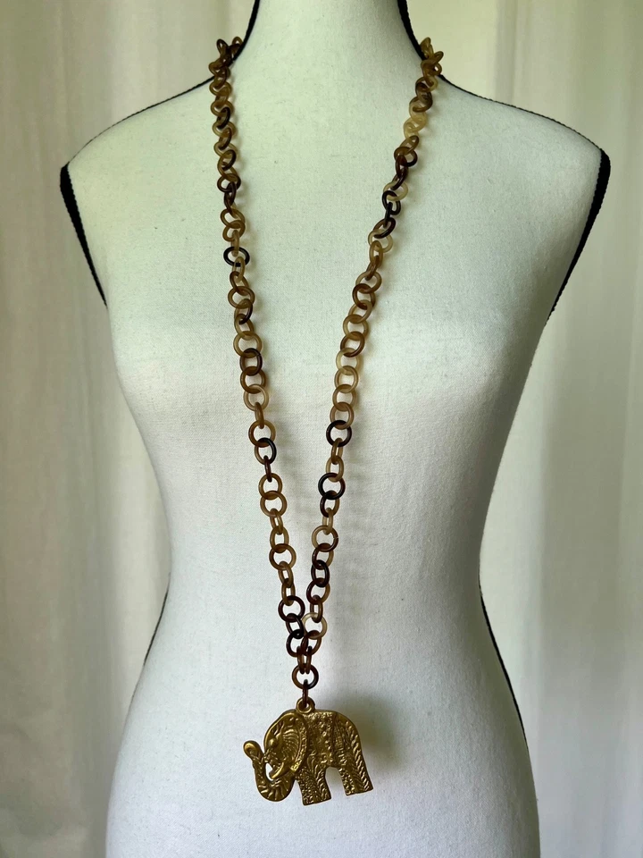 Buffalo Horn Link Necklace with Brass Elephant Pendant 40” Long - Image 2 of 4
