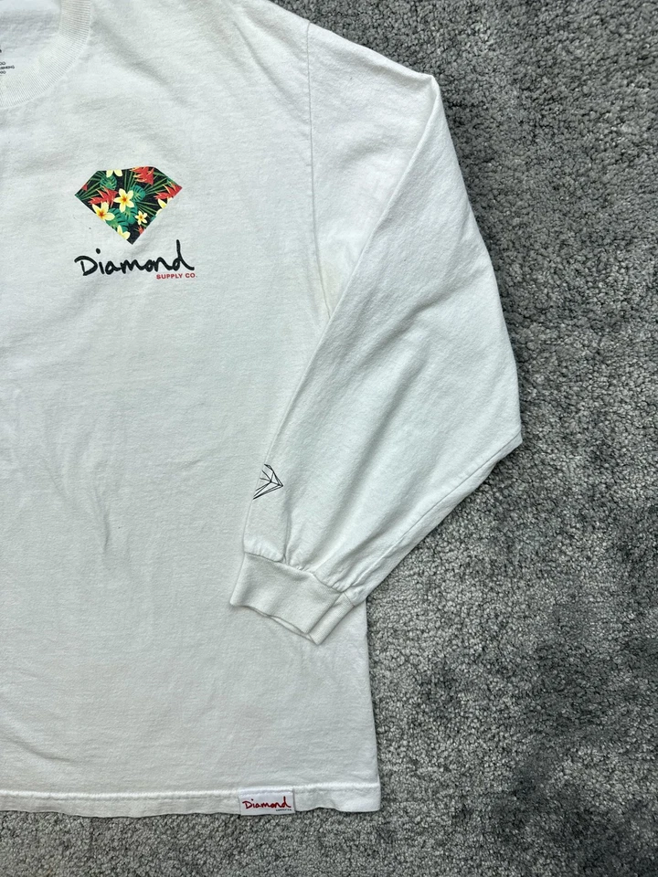 Camisa Diamond Supply Co Para Hombre Grande Blanca Manga Larga Floral Diamante Gráfico Espalda Foto 3 de 4