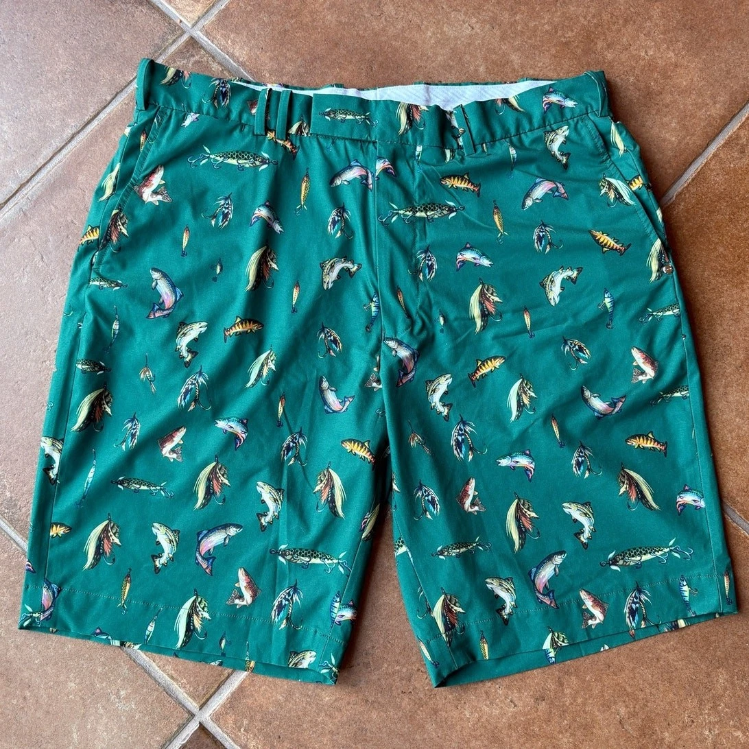 RLX Ralph Lauren Fly Fishing Themed Golf Athletic Chino Style Shorts size 36