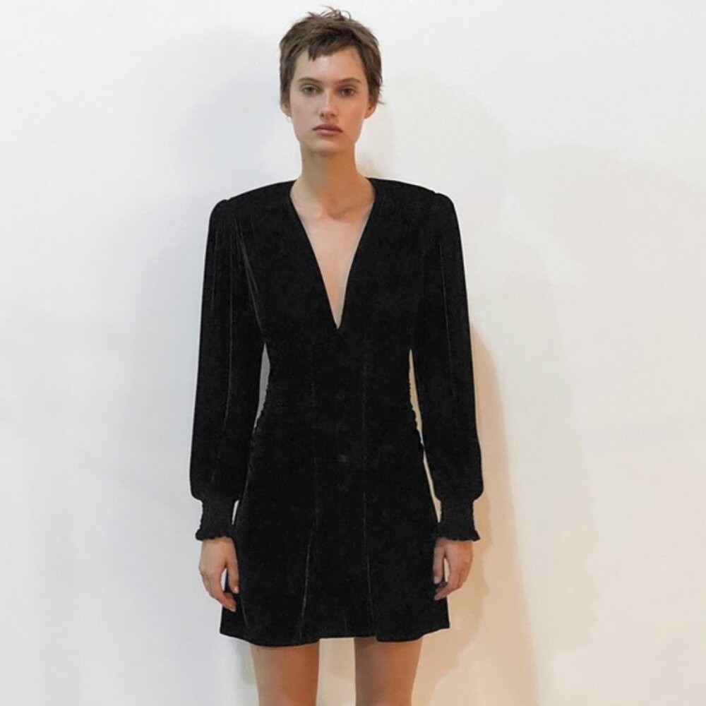 Zara Black Velvet Aylin V-Neck Long Sleeve Mini Dress Shoulder Pads Size XS  NWT