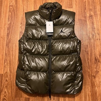 Jordan Puffer Vest Men Small Olive Green Shiny Full Zip Lightweight FV7273-222