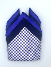 Double-sided Pocket Square Handkerchief Blue Black Wht Check/Solid Silk 14  NWOT
