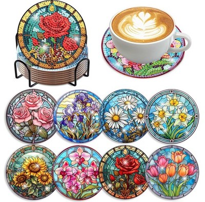 croshom 8 PCS Flowers Diamond Art Coasters 3.9x3.9x0.5, - Rose
