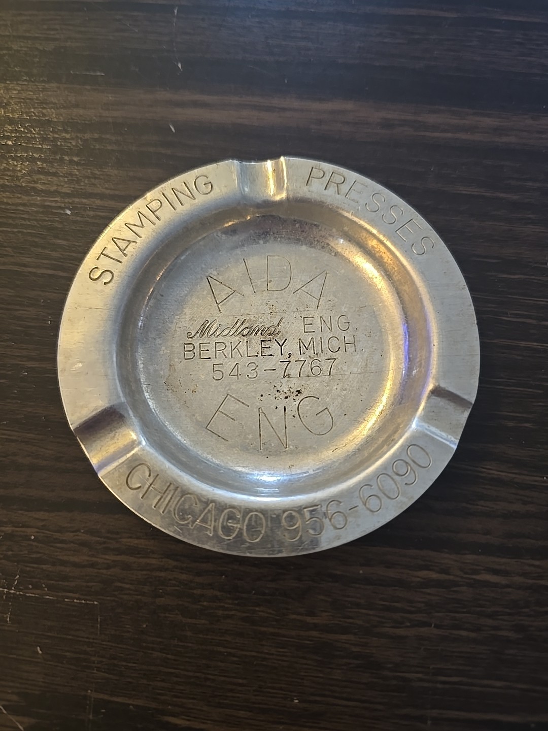 Vtg Midland Berkley Michigan AIDA ENG Stamping Chicago Advertising Metal Ashtray