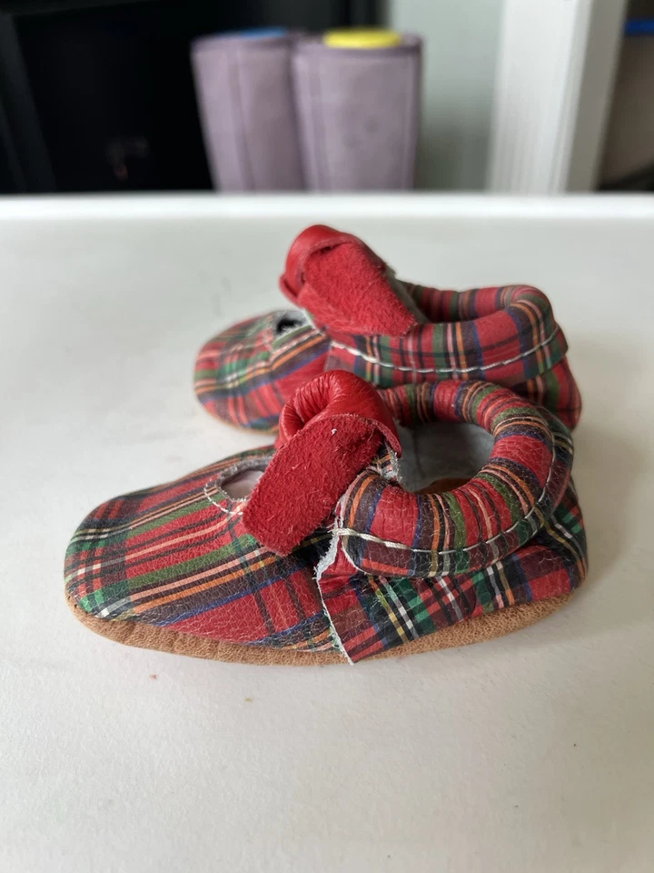 Freshly Picked Leather Christmas Plaid Knotted Bow Baby Shoes  - Image 3 of 4