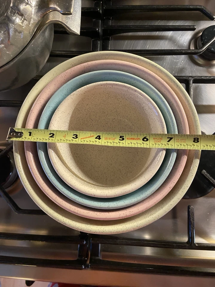 Tigelas de mistura raras vintage MCM 1940s Bauer Monterey modernas de cerâmica salpicada - Imagem 2 de 4