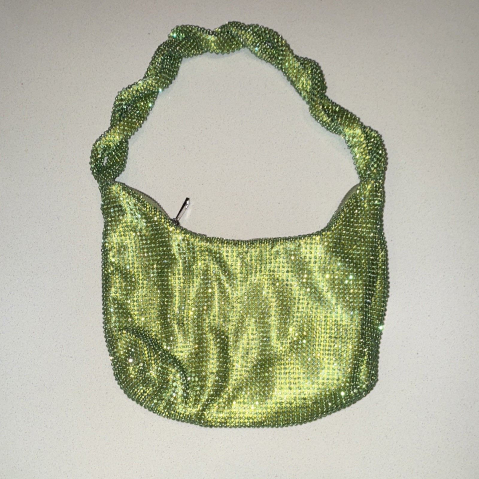 ZARA Green Beaded Shoulder Bag with Zip Closure Women's Handbag