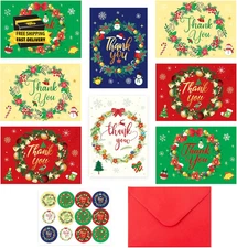 Christmas Thank You Cards with Envelopes Wreath Holiday Greeting Cards Set with 