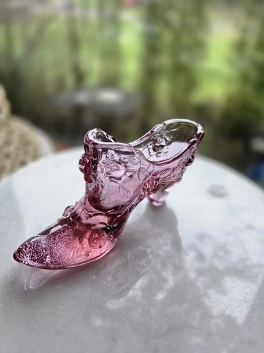Vintage Fenton Empress Rose Pressed Glass Slipper Shoe