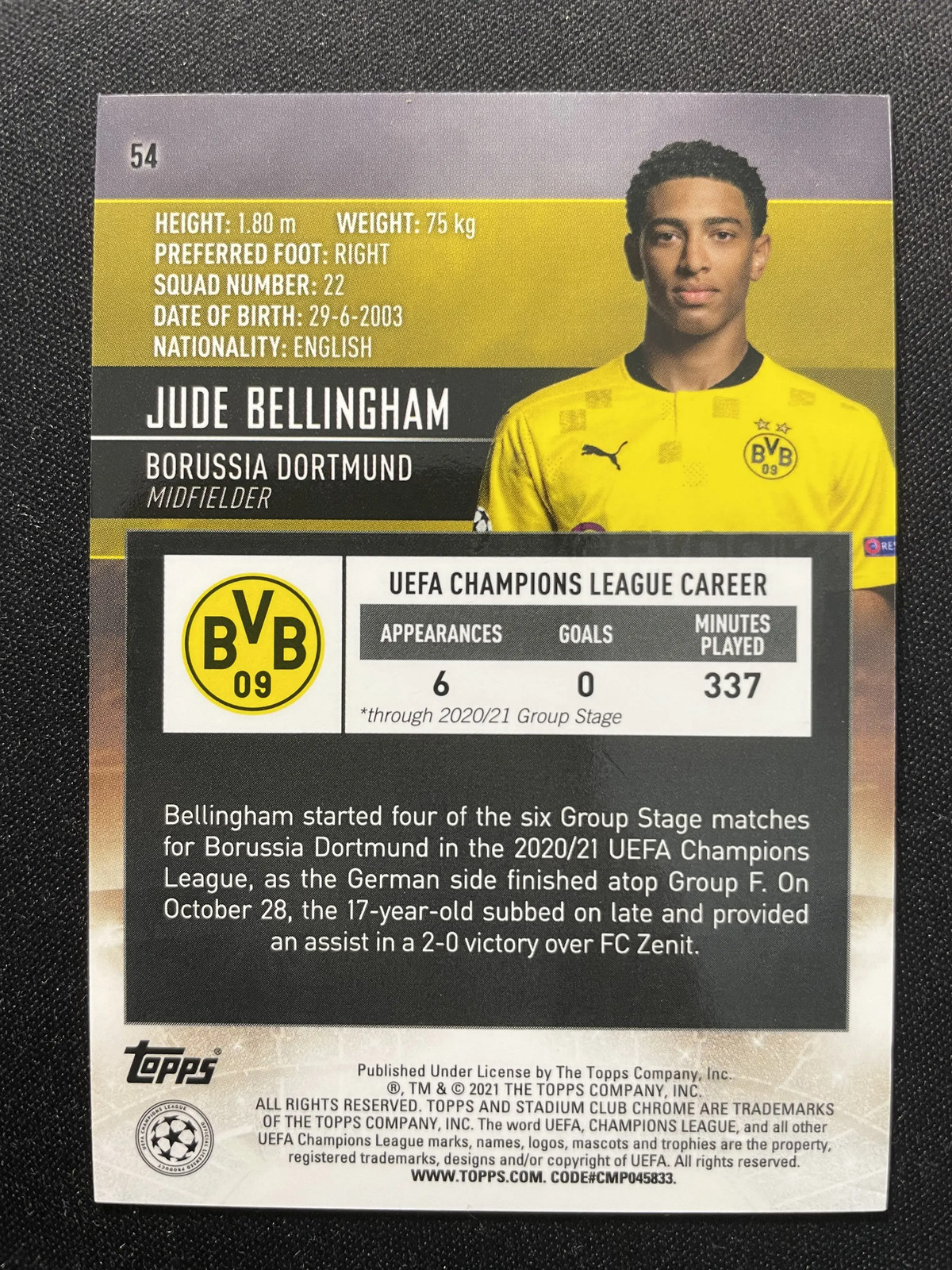 2020-21 Topps Stadium Club Chrome UEFA Jude Bellingham RC Rookie #54 TT07 view 2