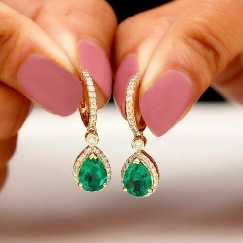 2Ct Pear Cut Simulated Emerald Halo Drop Clip Earrings in 14K Gold Plated