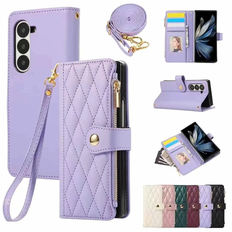 Zipper Grid Leather Wallet Phone Case For Samsung S25 S24 S22 S23 S21 S20 FE S10 - Image 2 of 4