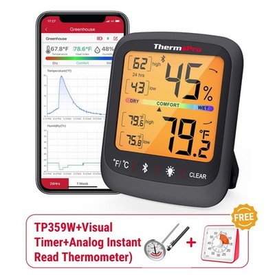 TempPro TP359W Bluetooth Hygrometer Thermometer 260ftHumidity Monitor with LCD