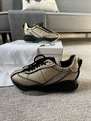 Jimmy Choo Trainers Raine Black Glitter Sneaker Leather Low Top
