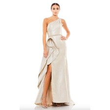 Mac Duggal One Shoulder Metallic Ruffled Evening Gown Dress 16 in Oyster