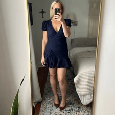 Bardot Dress Womens Large Navy Blue Lace Ruched VNeck Open Back