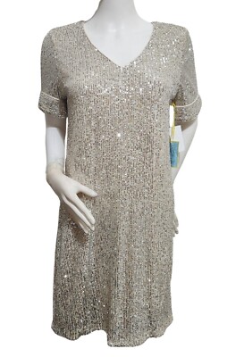 short sequin shift dress Pine Sequin Short Sleeve Mini Shift Dress