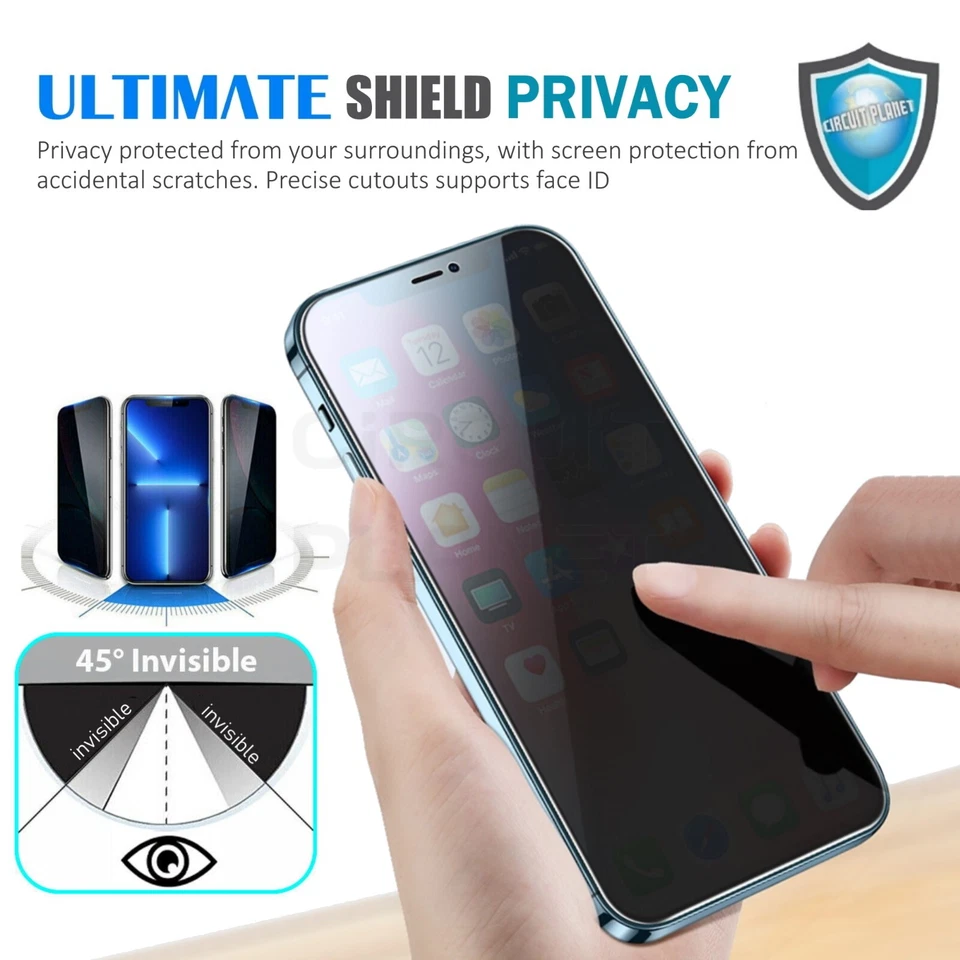 Privacy Screen Protector For iPhone 16 15 14 13 12 11 Pro Max XR Tempered Glass - Image 2 of 4