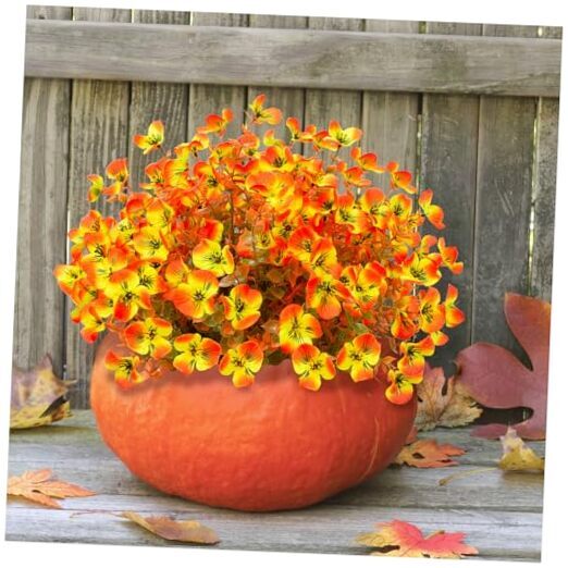 Artificial Flowers Fake Pansy and Eucalyptus Plants 10 Bundles Autumn Orange