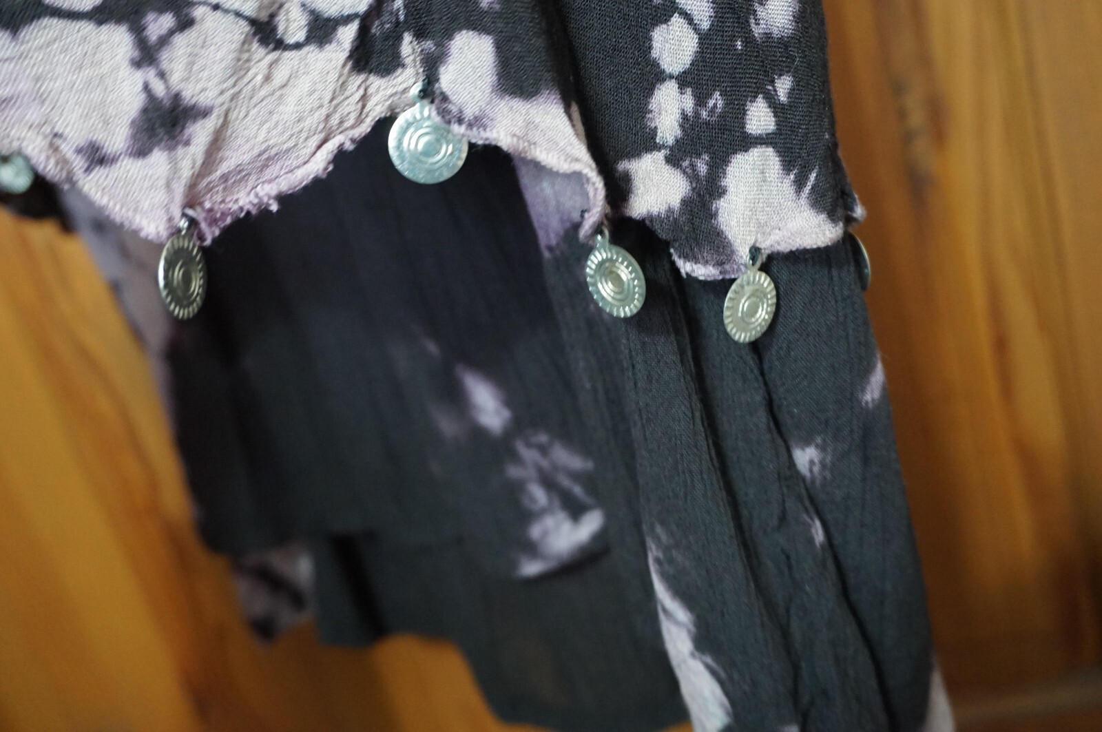 Black, pale pink, purple tie dye coin trim layered gypsy ethnic camisole top L image 5