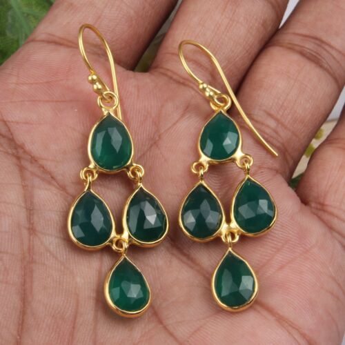  Green Onyx Dangle 18k Gold Plated 925 Silver Wedding Chandelier Earrings - Picture 1 of 4