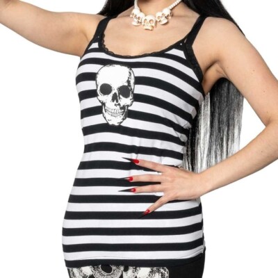 Kreepsville Black & White Stripes Lace Camisole Tank Top Skull Punk Goth S-3XL