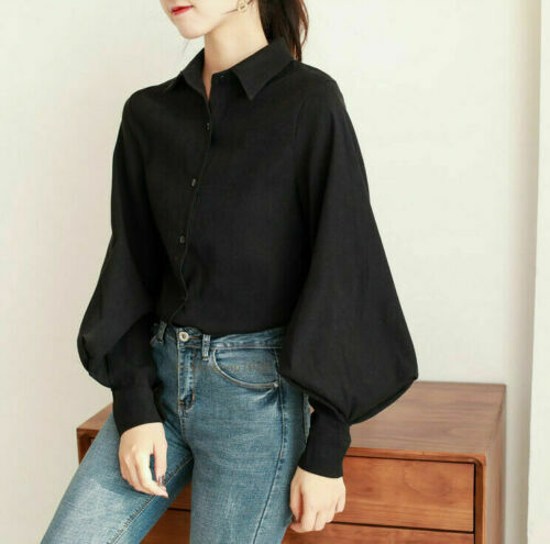 Vintage Women Puff Sleeve Button Down Shirt Ladies Casual Loose Shirt Blouse Top - Bild 3 von 9