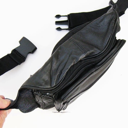 Black Genuine Leather Fanny Pack Phone Holder Waist Travel Hip Jogging