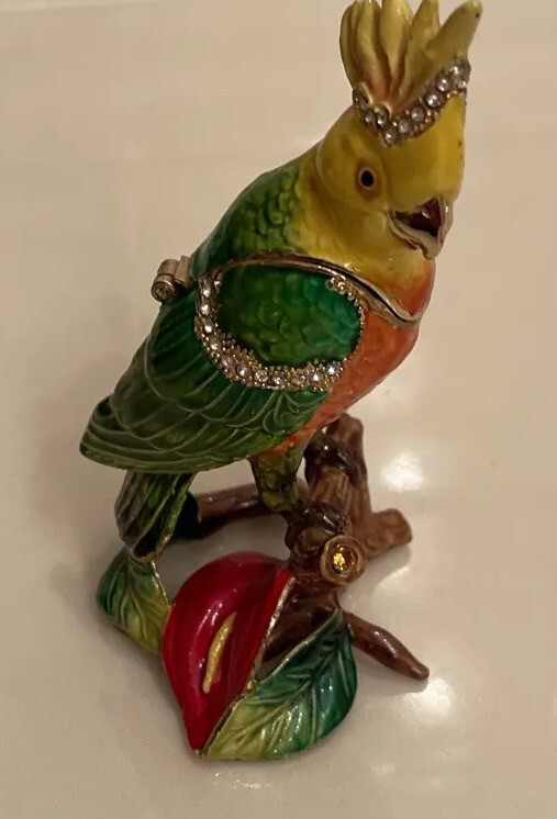 TRINKET Box Metal PARROT Bird Enameled Hinged JEWELED Crystals  3 1/2”