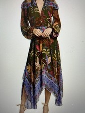 Farm Rio Women's Wild Jungle Green Printed Handkerchief Midi Dress XS NWT
