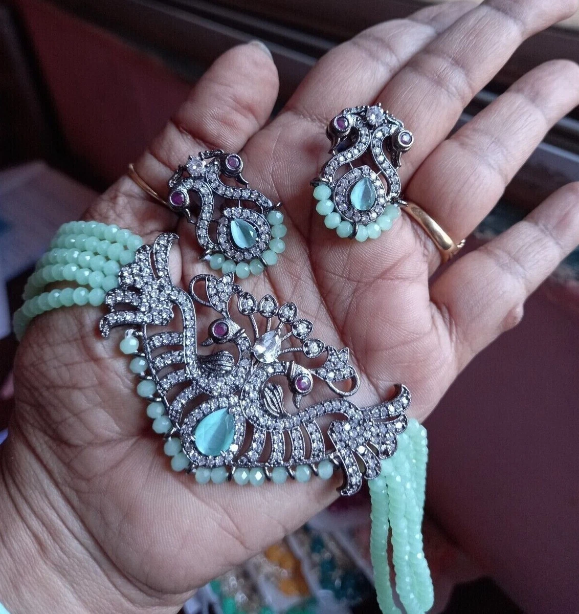 Bollywood Style German Silver Plated Mint Green CZ Choker Necklace