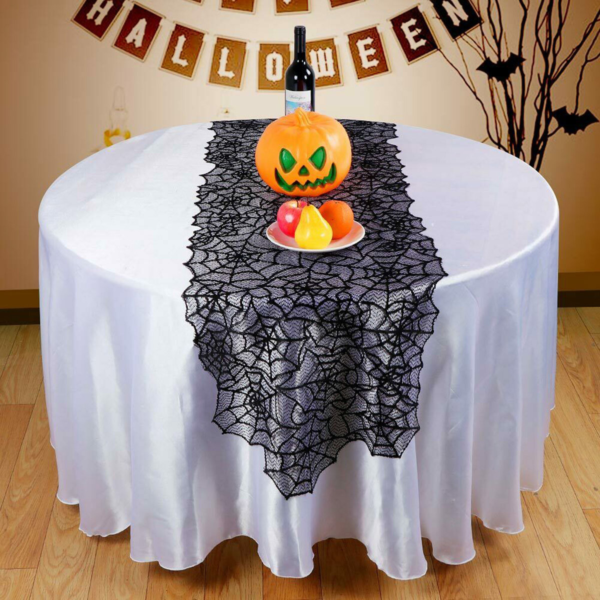 Spider Web Halloween Table Runner 13x72 Inch - Reusable Black Party Table Cover For Indoor Outdoor Decor