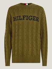 Tommy Hilfiger Monotype Logo Cable Knit Sweater Crew Neck Olive Green Men Size M